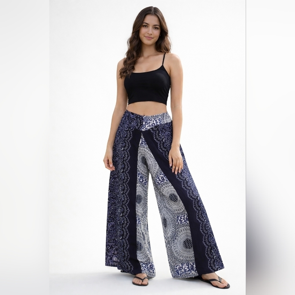 Boho Blue Palazzo Wide Leg Pants Mandala Lace Print O/S Beach Festival Beach